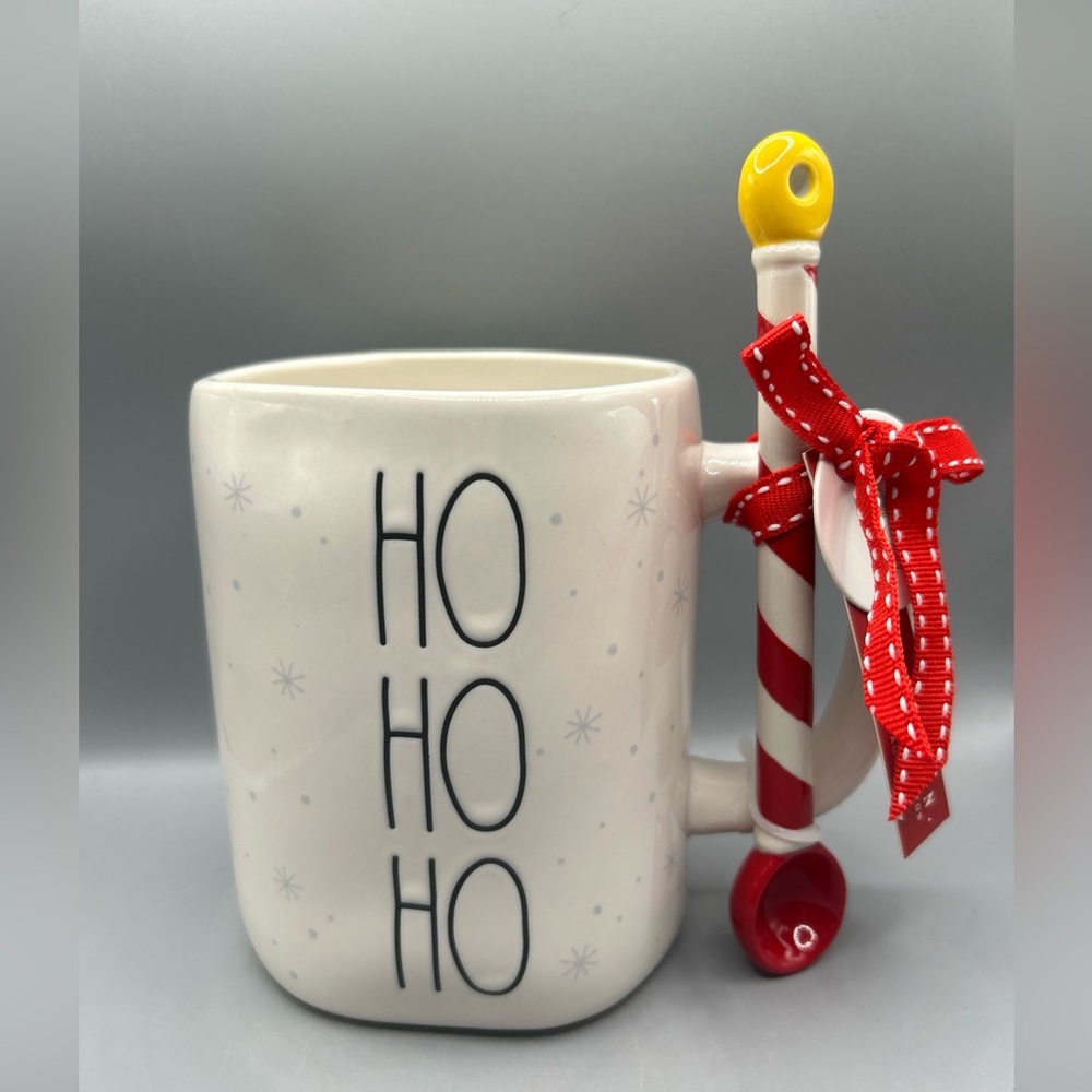Rae Dunn HO HO HO Christmas Mug With Peppermint Spoon Double Sided NORTH POLE